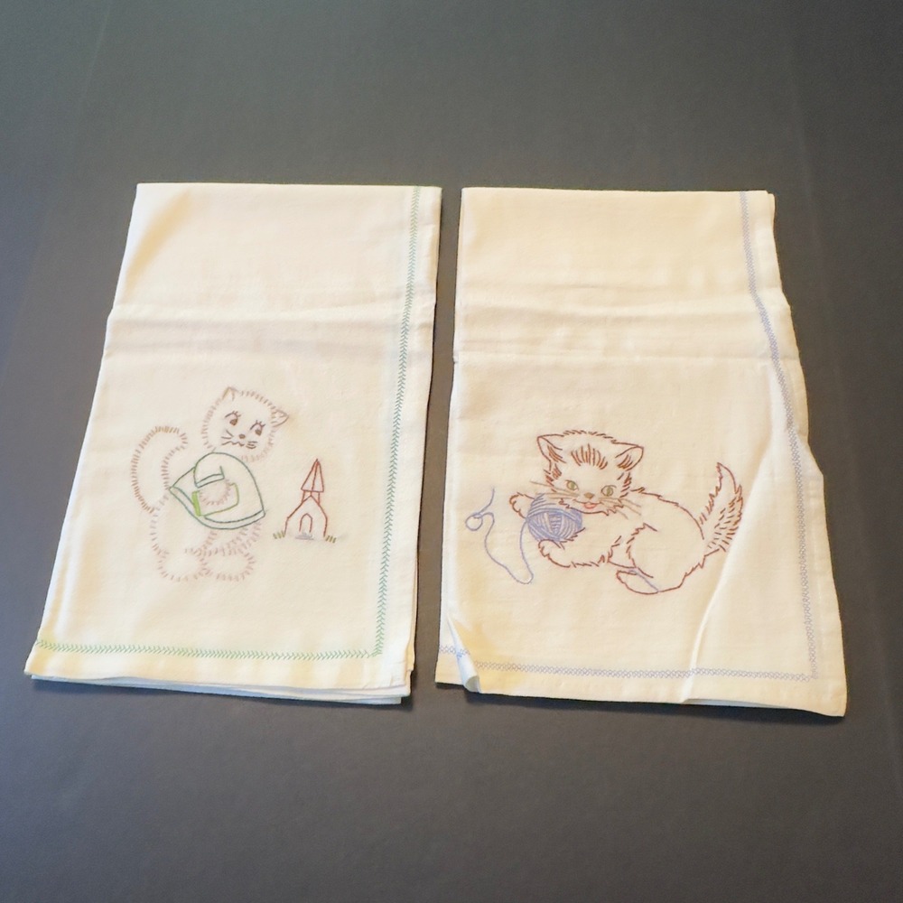Vintage Hand Embroidered Kitten Flour Sack Tea Towels Set of 2 Cats Off White
